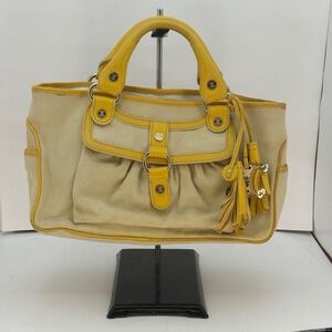 Celine Boogie Bag Beige Canvas Yellow Leather Trim Tassel Satchel Handbag